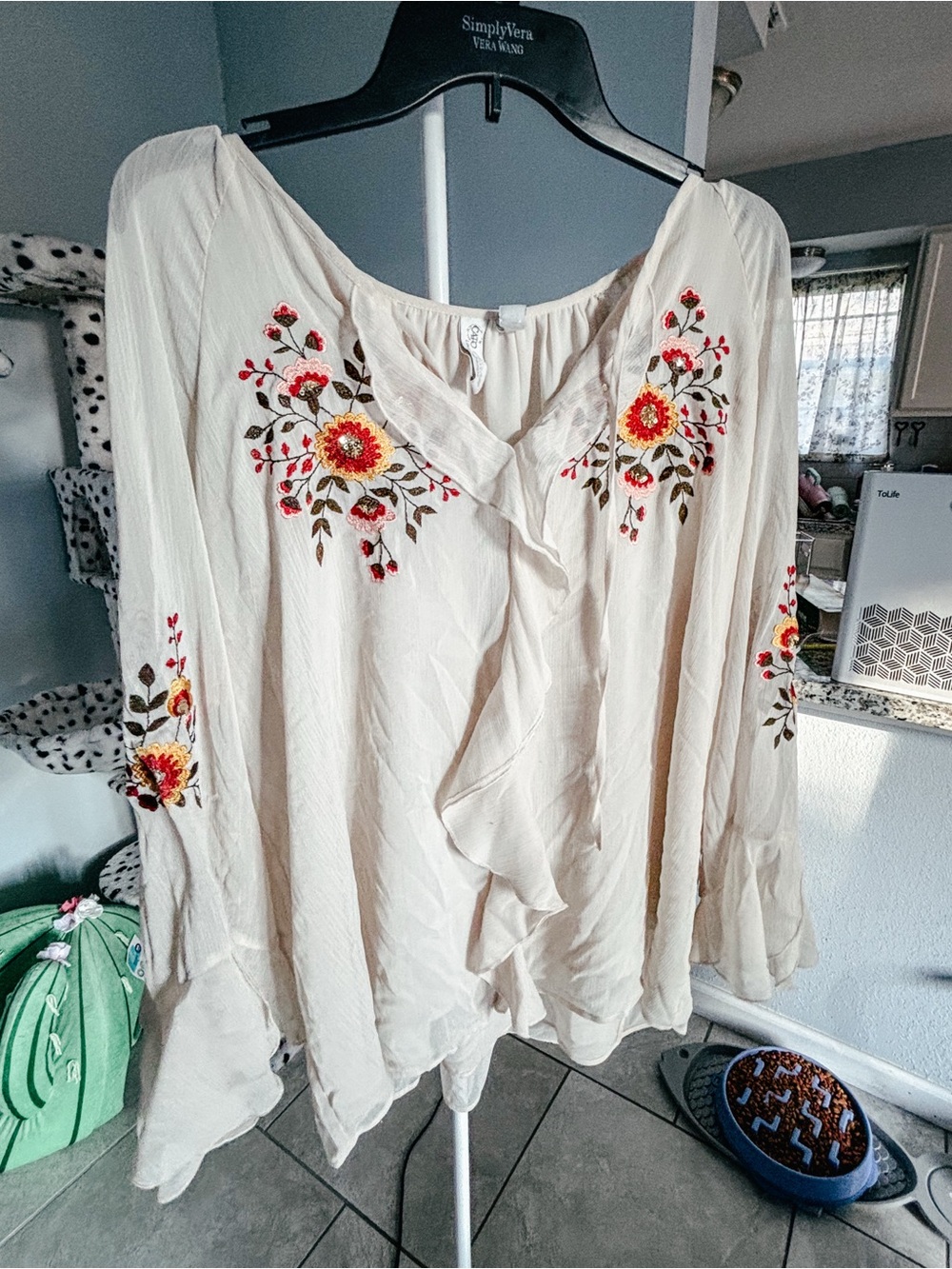 Cato Cream Boho Ruffle Front Blouse with Red & Yellow Floral Embroidery